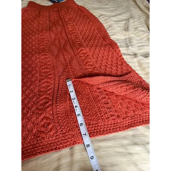 ARAN Woollen Mills merino wool cable knit midi form fit burnt orange skirt NWT
